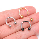 Detail View 3 of Golden Front Facing Sparkle Multi-Gem Steel Horseshoe Circular Barbell-Clear Gem
