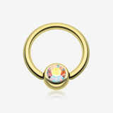 Gold Plated Gem Ball Captive Bead Ring-Aurora Borealis