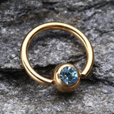 Detail View 1 of Gold Plated Gem Ball Captive Bead Ring-Aqua
