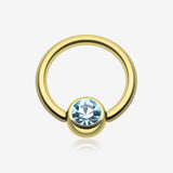 Gold Plated Gem Ball Captive Bead Ring-Aqua