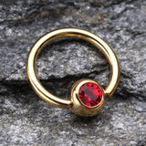 Detail View 1 of Gold Plated Gem Ball Captive Bead Ring-Red