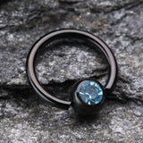 Colorline PVD Gem Ball Captive Bead Ring-Black/Aqua