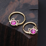 Detail View 1 of Golden Adorable Cat Face Sparkle Captive Bead Ring-Fuchsia