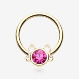 Golden Adorable Cat Face Sparkle Captive Bead Ring