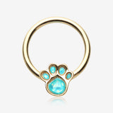 Golden Adorable Paw Print Opalescent Sparkle Captive Bead Ring