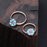 Detail View 1 of Rose Gold Turquoise Boho Circle Sparkle Captive Bead Ring-Turquoise/Fuchsia