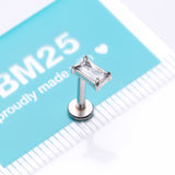 Detail View 3 of Baguette Prong Set Sparkle Top Internally Threaded Labret Flat Back Stud-Clear Gem