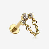 Golden Chained Sparkle Trio Gem Top Internally Threaded Labret Flat Back Stud