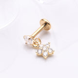 Detail View 1 of Golden Sparkle Spring Flower Dangle Internally Threaded Labret Flat Back Stud-Clear Gem