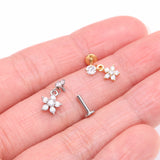 Detail View 3 of Golden Sparkle Spring Flower Dangle Internally Threaded Labret Flat Back Stud-Clear Gem