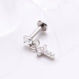 Detail View 1 of Sparkle Cross Dangle Internally Threaded Labret Flat Back Stud-Clear Gem