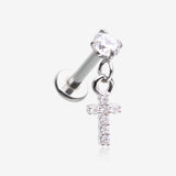 Sparkle Cross Dangle Internally Threaded Labret Flat Back Stud