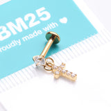 Detail View 4 of Golden Sparkle Cross Dangle Internally Threaded Labret Flat Back Stud-Clear Gem