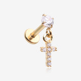 Golden Sparkle Cross Dangle Internally Threaded Labret Flat Back Stud