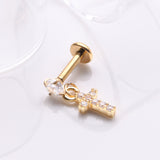 Detail View 1 of Golden Sparkle Cross Dangle Internally Threaded Labret Flat Back Stud-Clear Gem