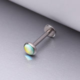 Detail View 1 of Iridescent Revo Sparkle Top Internally Threaded Steel Flat Back Stud Labret-Green Iridescent
