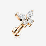 Rose Gold Butterfly Sparkle Prong Set Top Internally Threaded Steel Flat Back Stud Labret-Clear Gem