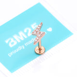 Detail View 3 of Rose Gold Lightning Bolt Sparkle Top Internally Threaded Steel Flat Back Stud Labret-Clear Gem