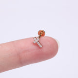 Detail View 2 of Rose Gold Holy Cross Sparkle Top Internally Threaded Steel Flat Back Stud Labret-Clear Gem