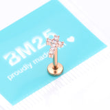 Detail View 3 of Rose Gold Holy Cross Sparkle Top Internally Threaded Steel Flat Back Stud Labret-Clear Gem