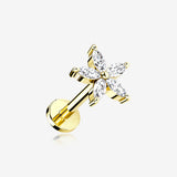 Golden Marquise Flower Sparkle Top Internally Threaded Steel Flat Back Stud Labret