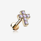 Rose Gold Grand Sparkle Cross Top Internally Threaded Steel Flat Back Stud Labret