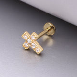 Detail View 1 of Golden Grand Sparkle Cross Top Internally Threaded Steel Flat Back Stud Labret-Clear Gem