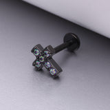 Detail View 1 of Blackline Grand Sparkle Cross Top Internally Threaded Steel Flat Back Stud Labret-Vitrail Medium