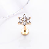 Detail View 1 of Golden Brilliant Sparkle Spring Flower Top Internally Threaded Steel Labret-Clear Gem
