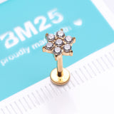 Detail View 2 of Golden Brilliant Sparkle Spring Flower Top Internally Threaded Steel Labret-Clear Gem