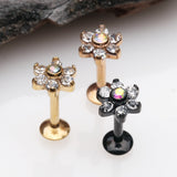 Detail View 2 of Rose Gold Brilliant Sparkle Flower Top Internally Threaded Steel Labret-Clear Gem/Aurora Borealis