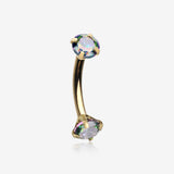 Golden Prong Set Gem Sparkles Internally Threaded Curved Barbell