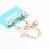 Detail View 3 of A Pair of Golden Sparkle Chained Hollow Heart Internally Threaded Nipple Barbell-Clear Gem