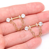 Detail View 2 of A Pair of Golden Sparkle Chained Hollow Heart Internally Threaded Nipple Barbell-Clear Gem