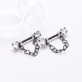 Detail View 1 of A Pair of Blackline Sparkle Chained Hollow Heart Internally Threaded Nipple Barbell-Clear Gem