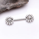 Detail View 1 of A Pair of Magnificent Floral Sparkle Threadless Nipple Barbell-Clear Gem