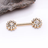Detail View 1 of A Pair of Golden Magnificent Floral Sparkle Threadless Nipple Barbell-Clear Gem
