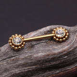 Detail View 1 of A Pair of Golden Bali Bead Karma Circle Sparkle Threadless Nipple Barbell-Clear Gem
