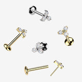 Detail View 1 of Pure24K Implant Grade Titanium OneFit Threadless Moissanite Trinity Sparkle Flat Back Labret Stud-Clear Gem