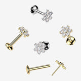 Detail View 1 of Pure24K Implant Grade Titanium OneFit Threadless Moissanite Flower Sparkle Flat Back Labret Stud-Clear Gem