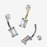 Detail View 1 of Pure24K Implant Grade Titanium Mossanite Emerald Cut Sparkle Internally Threaded Belly Button Ring-Clear Gem