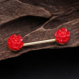 Detail View 1 of A Pair of Golden Acrylic Rose Blossom Nipple Barbell Ring-Red