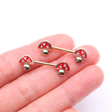 Detail View 2 of A Pair of Golden Poison Red Mushroom Sparkle Nipple Barbell