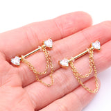 Detail View 2 of A Pair of Golden Heart Gem Sparkle Double Chained Nipple Barbell-Clear Gem