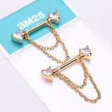 Detail View 3 of A Pair of Golden Heart Gem Sparkle Double Chained Nipple Barbell-Clear Gem