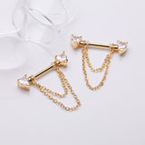 Detail View 1 of A Pair of Golden Heart Gem Sparkle Double Chained Nipple Barbell-Clear Gem