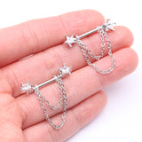 Detail View 2 of A Pair of Star Gem Sparkle Double Chained Nipple Barbell-Clear Gem