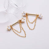 Detail View 1 of A Pair of Golden Star Gem Sparkle Double Chained Nipple Barbell-Clear Gem