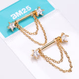 Detail View 3 of A Pair of Golden Star Gem Sparkle Double Chained Nipple Barbell-Clear Gem