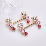 Detail View 1 of A Pair of Golden Heart Sparkle Journey Ombre Nipple Barbell-Red/Pink/Clear Gem